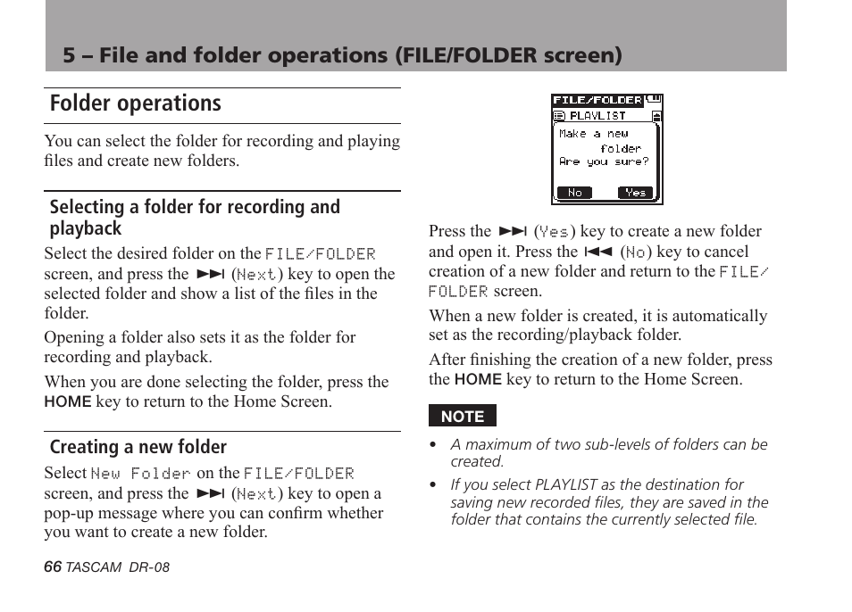 Folder operations, Selecting a folder for recording and playback, Creating a new folder | Tascam DR-08 User Manual | Page 66 / 112