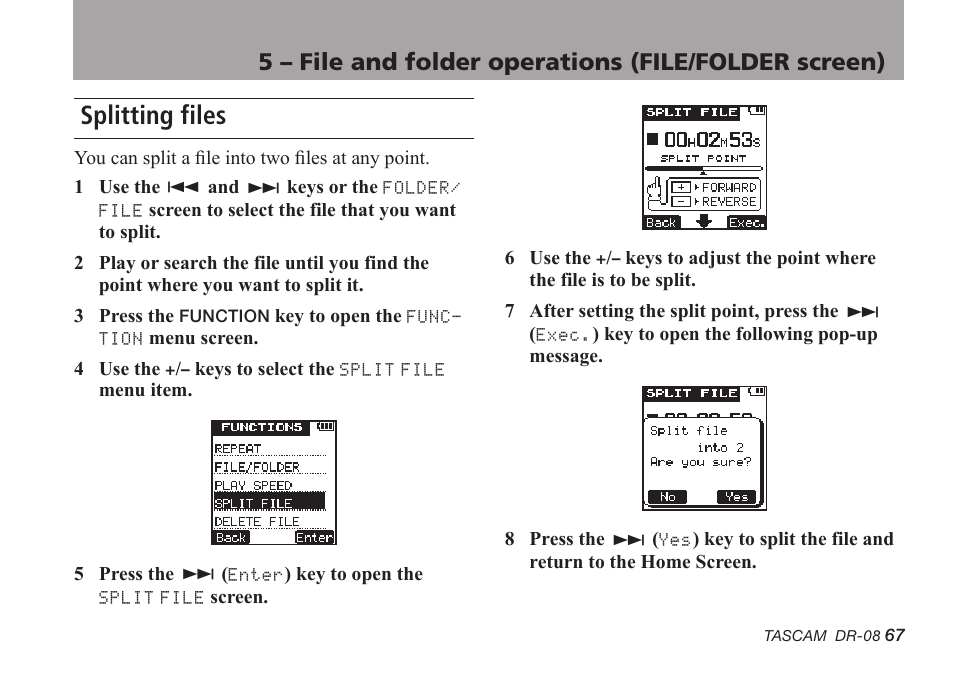 Splitting files | Tascam DR-08 User Manual | Page 67 / 112