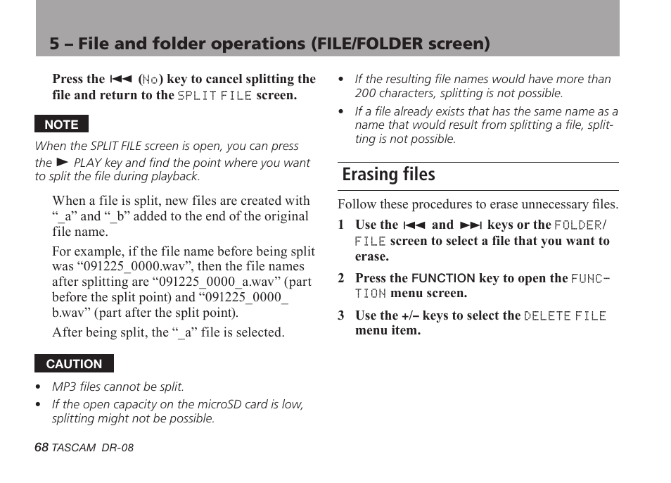 Erasing files | Tascam DR-08 User Manual | Page 68 / 112