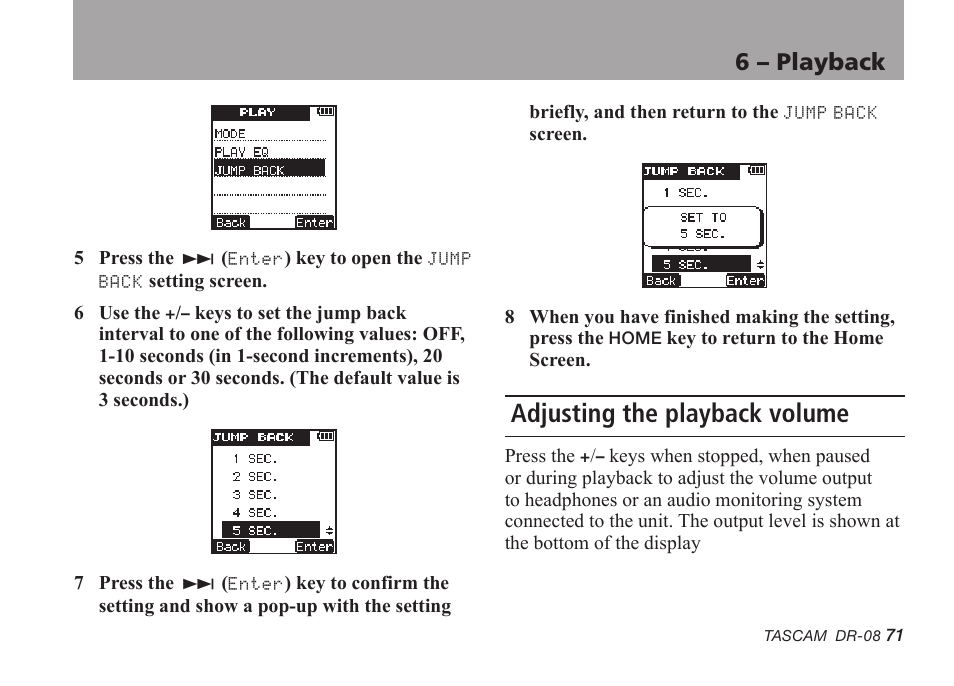 Adjusting the playback volume, 6 – playback | Tascam DR-08 User Manual | Page 71 / 112