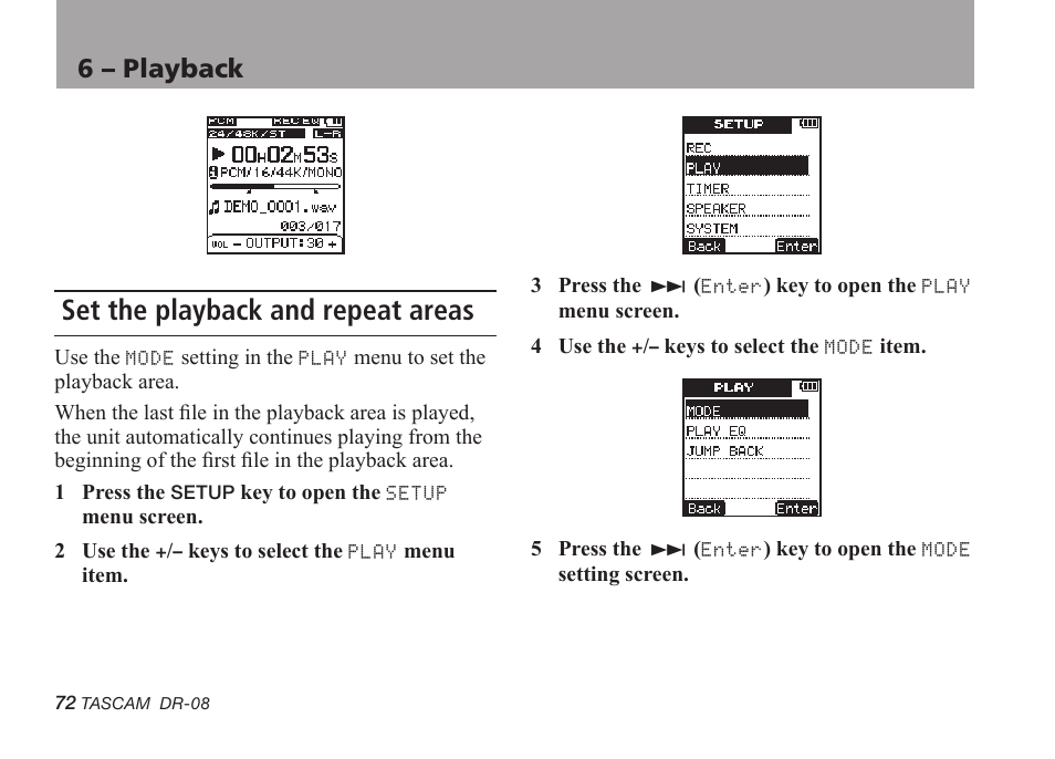 Set the playback and repeat areas, 6 – playback | Tascam DR-08 User Manual | Page 72 / 112