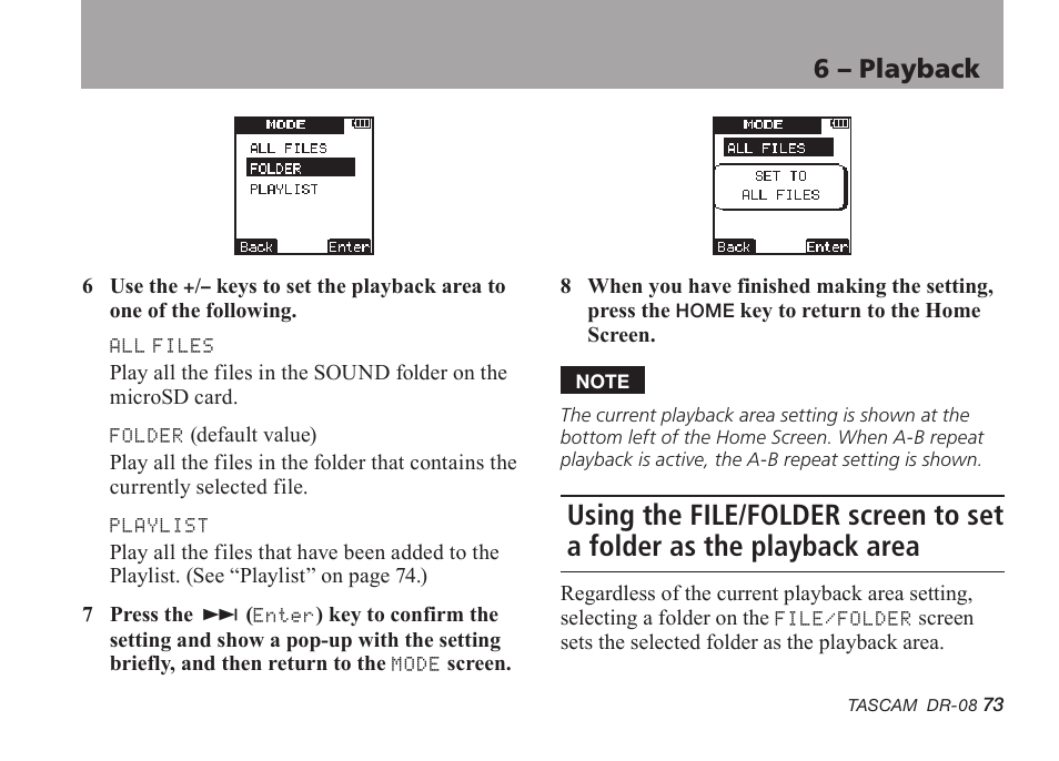 6 – playback | Tascam DR-08 User Manual | Page 73 / 112
