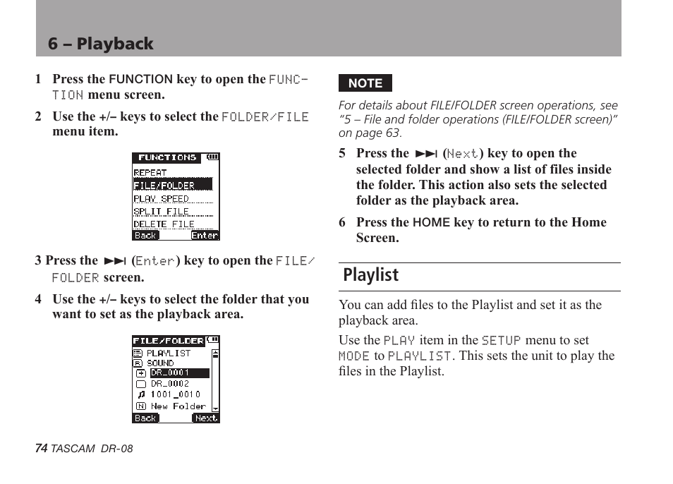 Playlist, 6 – playback | Tascam DR-08 User Manual | Page 74 / 112