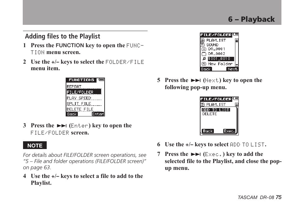 Adding files to the playlist, 6 – playback | Tascam DR-08 User Manual | Page 75 / 112