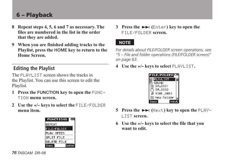 Editing the playlist, 6 – playback | Tascam DR-08 User Manual | Page 76 / 112