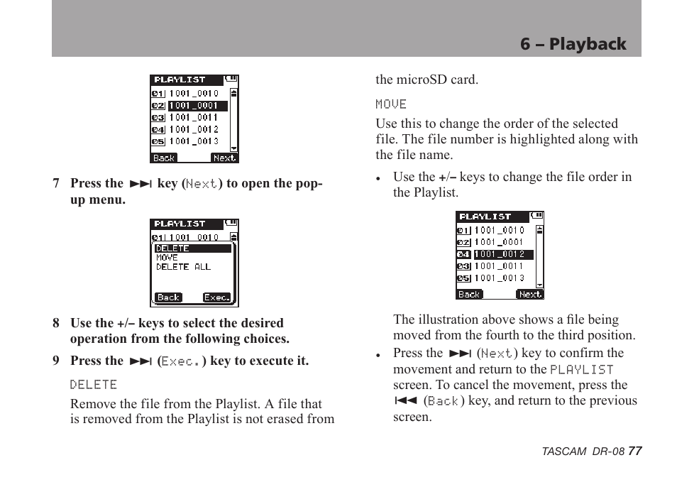 6 – playback | Tascam DR-08 User Manual | Page 77 / 112