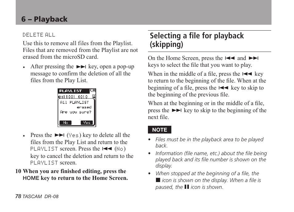 Selecting a file for playback (skipping), 6 – playback | Tascam DR-08 User Manual | Page 78 / 112