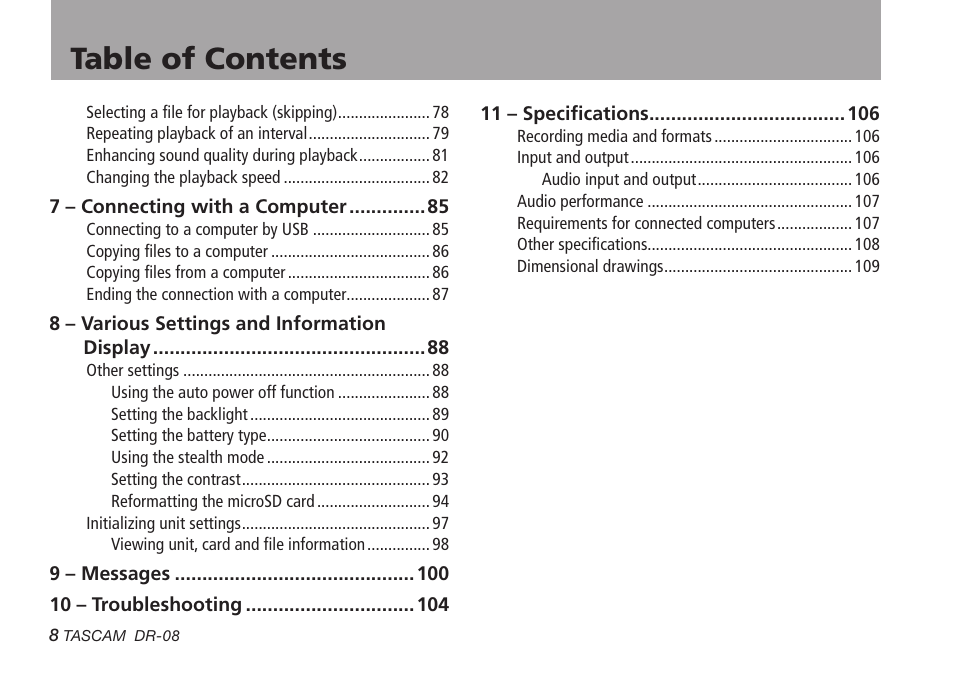 Tascam DR-08 User Manual | Page 8 / 112