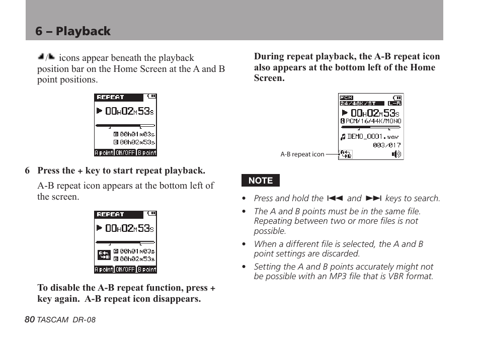 6 – playback | Tascam DR-08 User Manual | Page 80 / 112