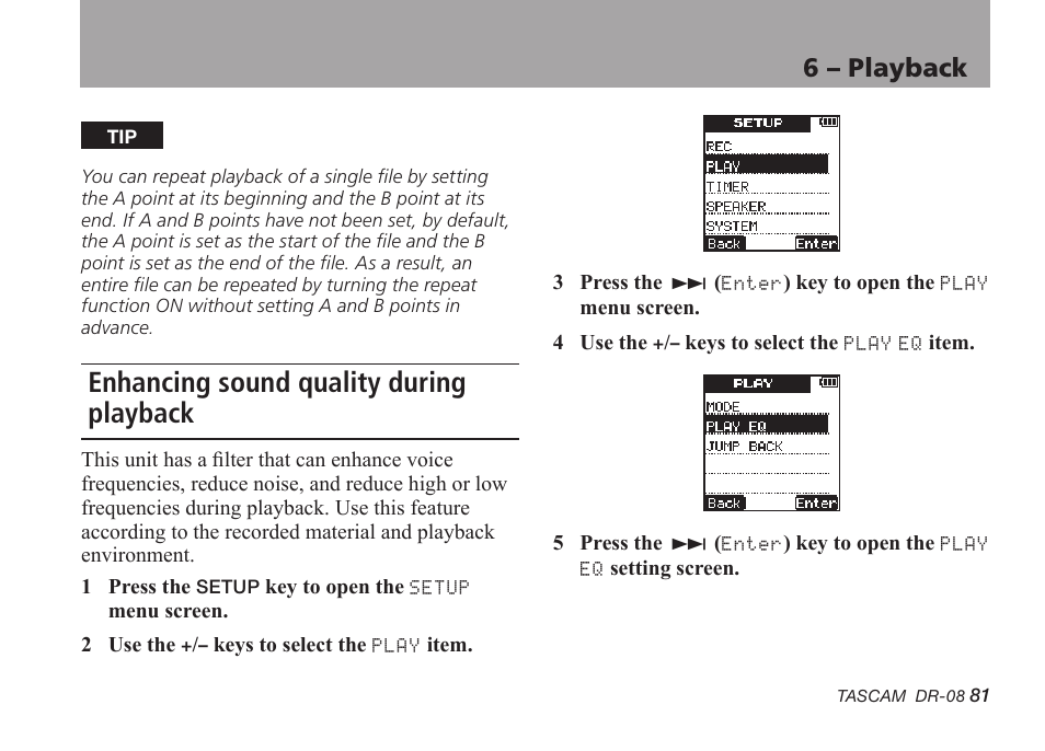 Enhancing sound quality during playback, 6 – playback | Tascam DR-08 User Manual | Page 81 / 112