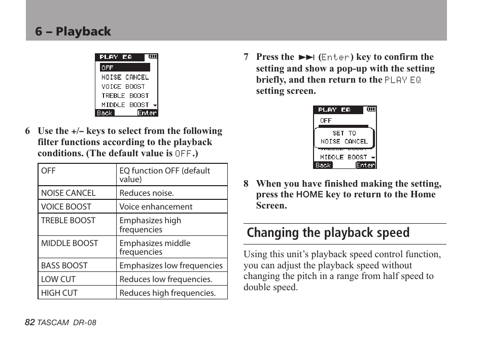 Changing the playback speed, 6 – playback | Tascam DR-08 User Manual | Page 82 / 112