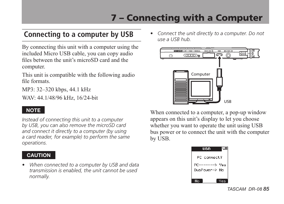 7 – connecting with a computer, Connecting to a computer by usb | Tascam DR-08 User Manual | Page 85 / 112