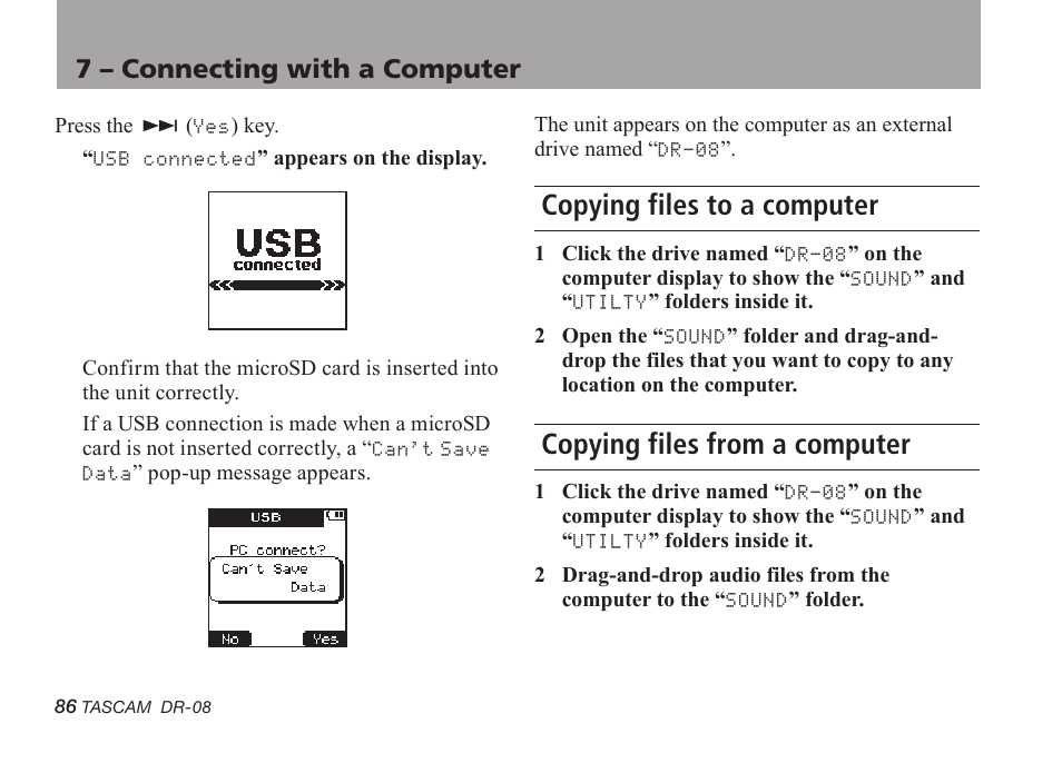 Copying files to a computer, Copying files from a computer, 7 – connecting with a computer | Tascam DR-08 User Manual | Page 86 / 112