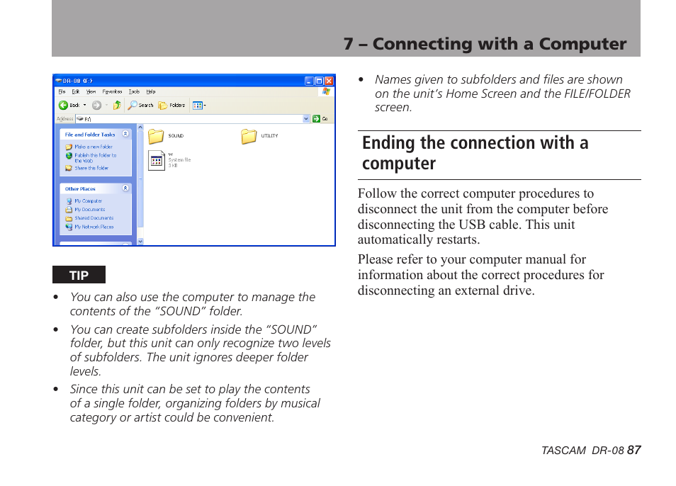 Ending the connection with a computer, 7 – connecting with a computer | Tascam DR-08 User Manual | Page 87 / 112