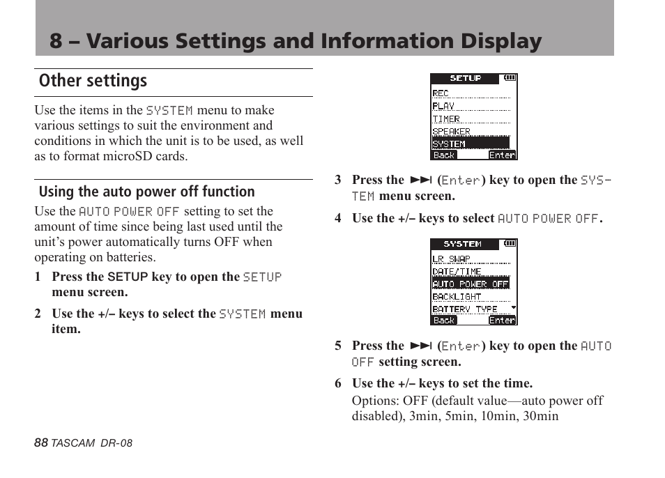 8 – various settings and information display, Other settings, Using the auto power off function | 8 – various settings and information, Display | Tascam DR-08 User Manual | Page 88 / 112