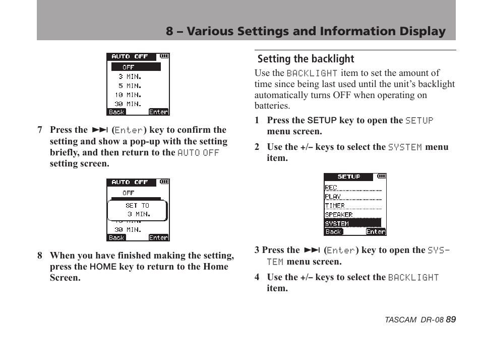 Setting the backlight, 8 – various settings and information display | Tascam DR-08 User Manual | Page 89 / 112