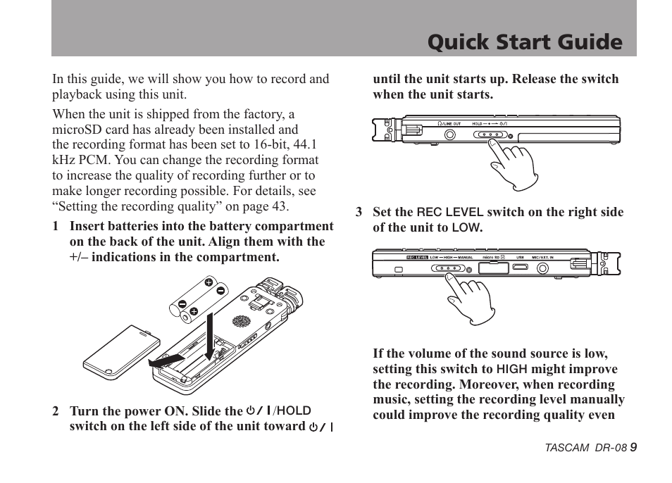 Quick start guide | Tascam DR-08 User Manual | Page 9 / 112