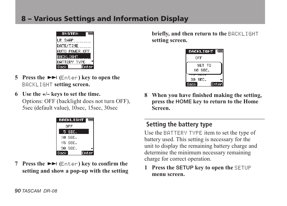 Setting the battery type, 8 – various settings and information display | Tascam DR-08 User Manual | Page 90 / 112