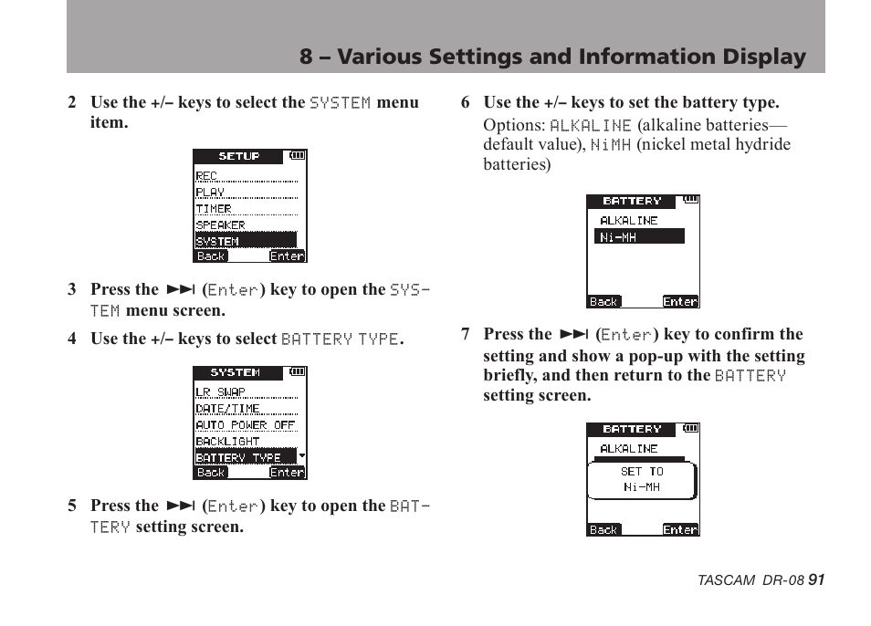 8 – various settings and information display | Tascam DR-08 User Manual | Page 91 / 112