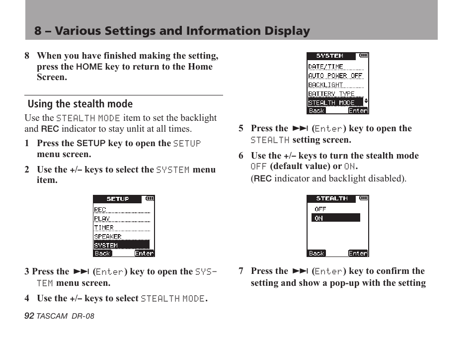 Using the stealth mode, 8 – various settings and information display | Tascam DR-08 User Manual | Page 92 / 112