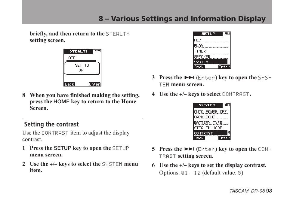 Setting the contrast, 8 – various settings and information display | Tascam DR-08 User Manual | Page 93 / 112