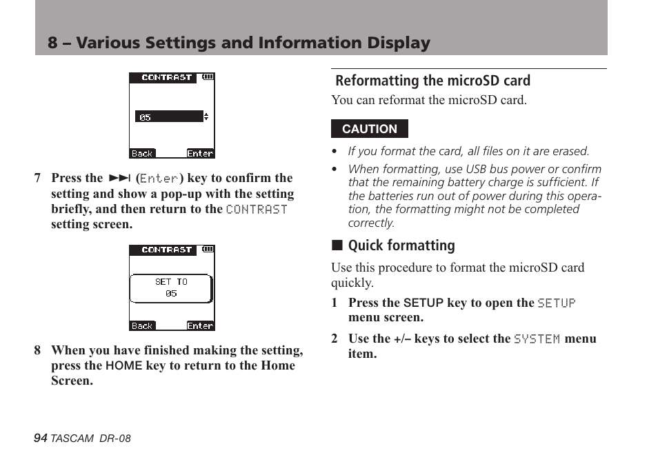 Reformatting the microsd card, 8 – various settings and information display | Tascam DR-08 User Manual | Page 94 / 112