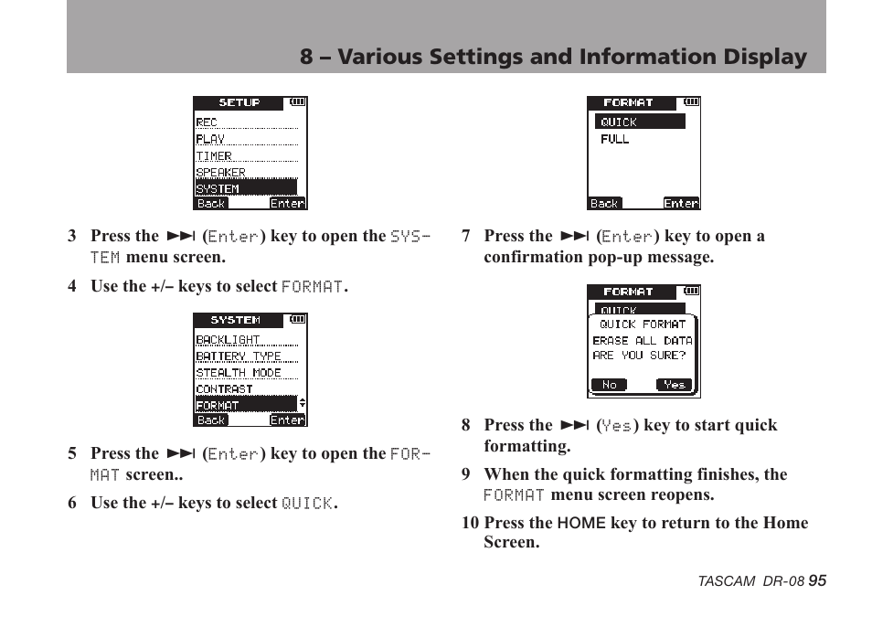 8 – various settings and information display | Tascam DR-08 User Manual | Page 95 / 112