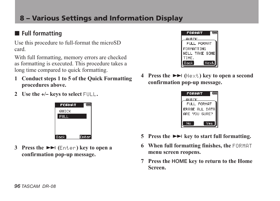 8 – various settings and information display | Tascam DR-08 User Manual | Page 96 / 112