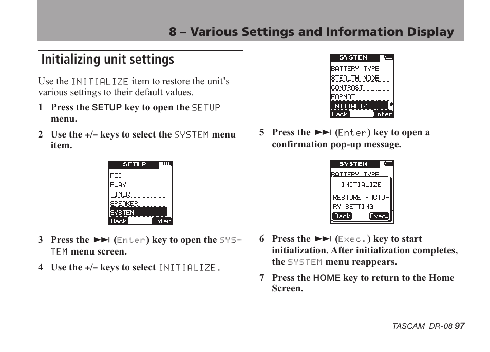 Initializing unit settings, 8 – various settings and information display | Tascam DR-08 User Manual | Page 97 / 112