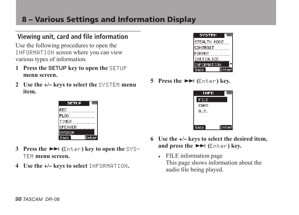 Viewing unit, card and file information, 8 – various settings and information display | Tascam DR-08 User Manual | Page 98 / 112