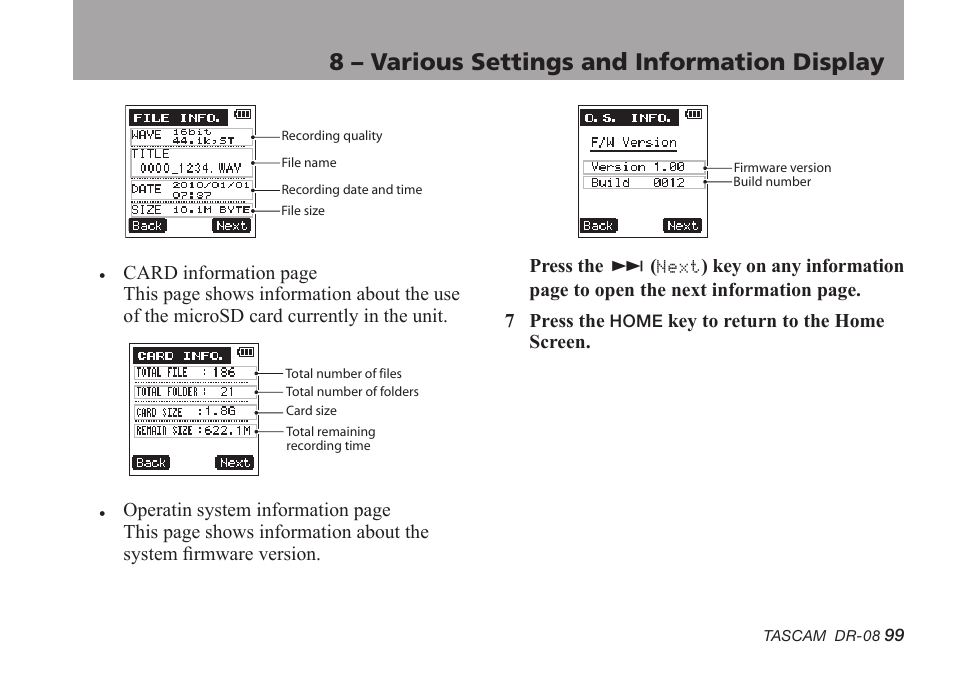 8 – various settings and information display | Tascam DR-08 User Manual | Page 99 / 112