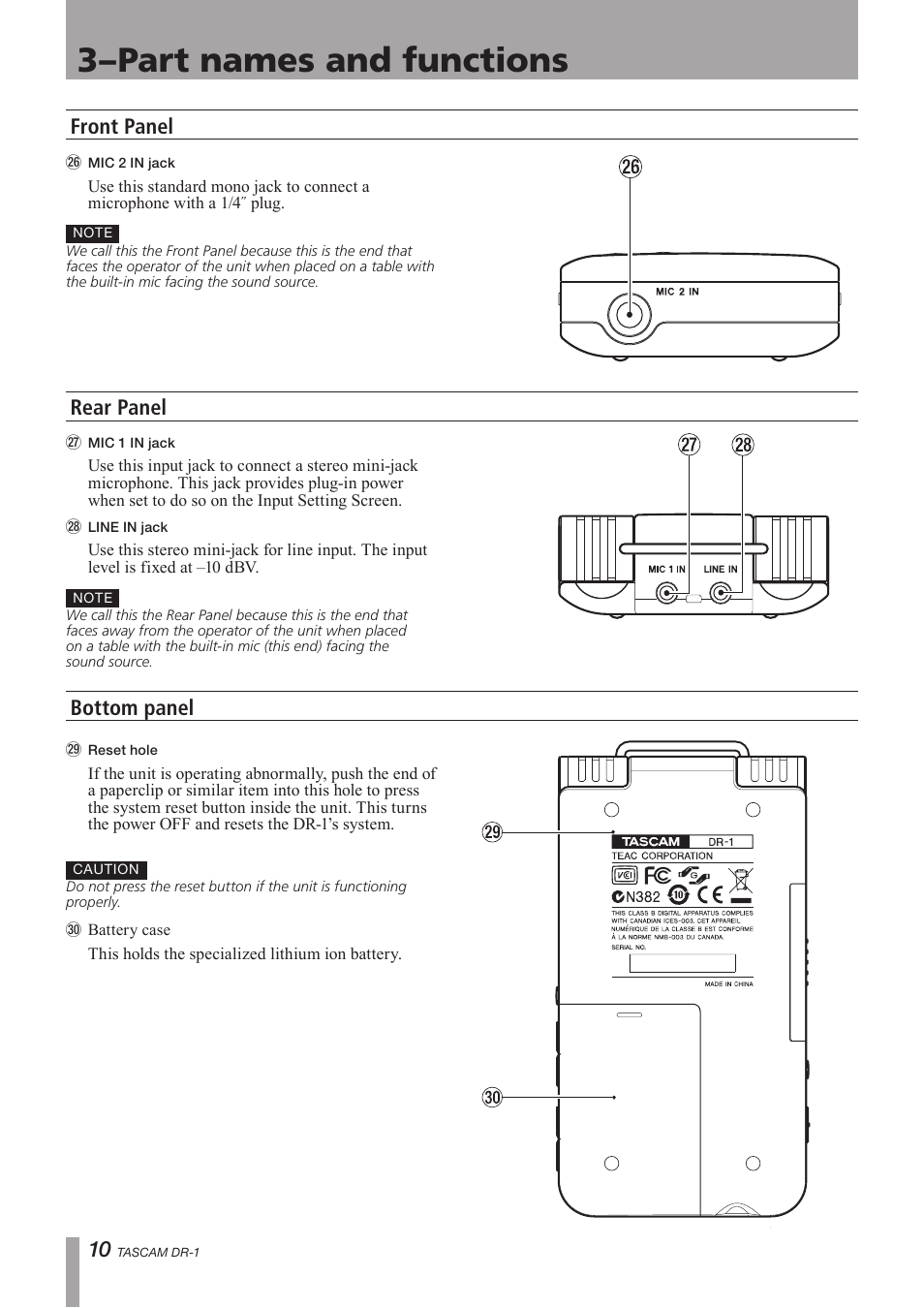 Front panel, Rear panel, Bottom panel | 3–part names and functions, Front panel rear panel bottom panel | Teac DR-1 User Manual | Page 10 / 43