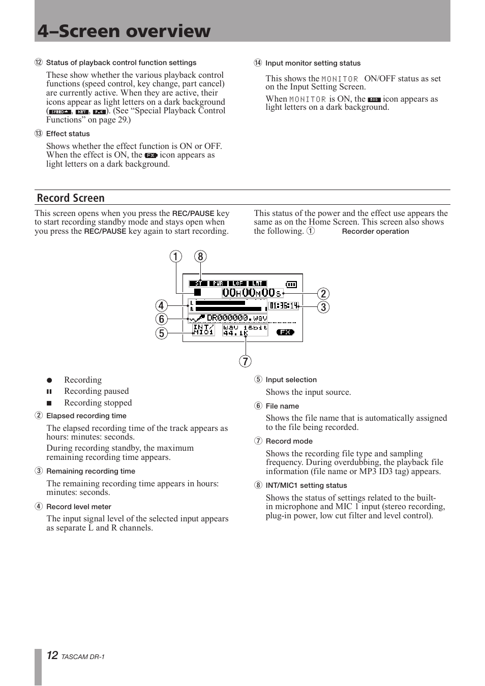 Record screen, 4–screen overview | Teac DR-1 User Manual | Page 12 / 43