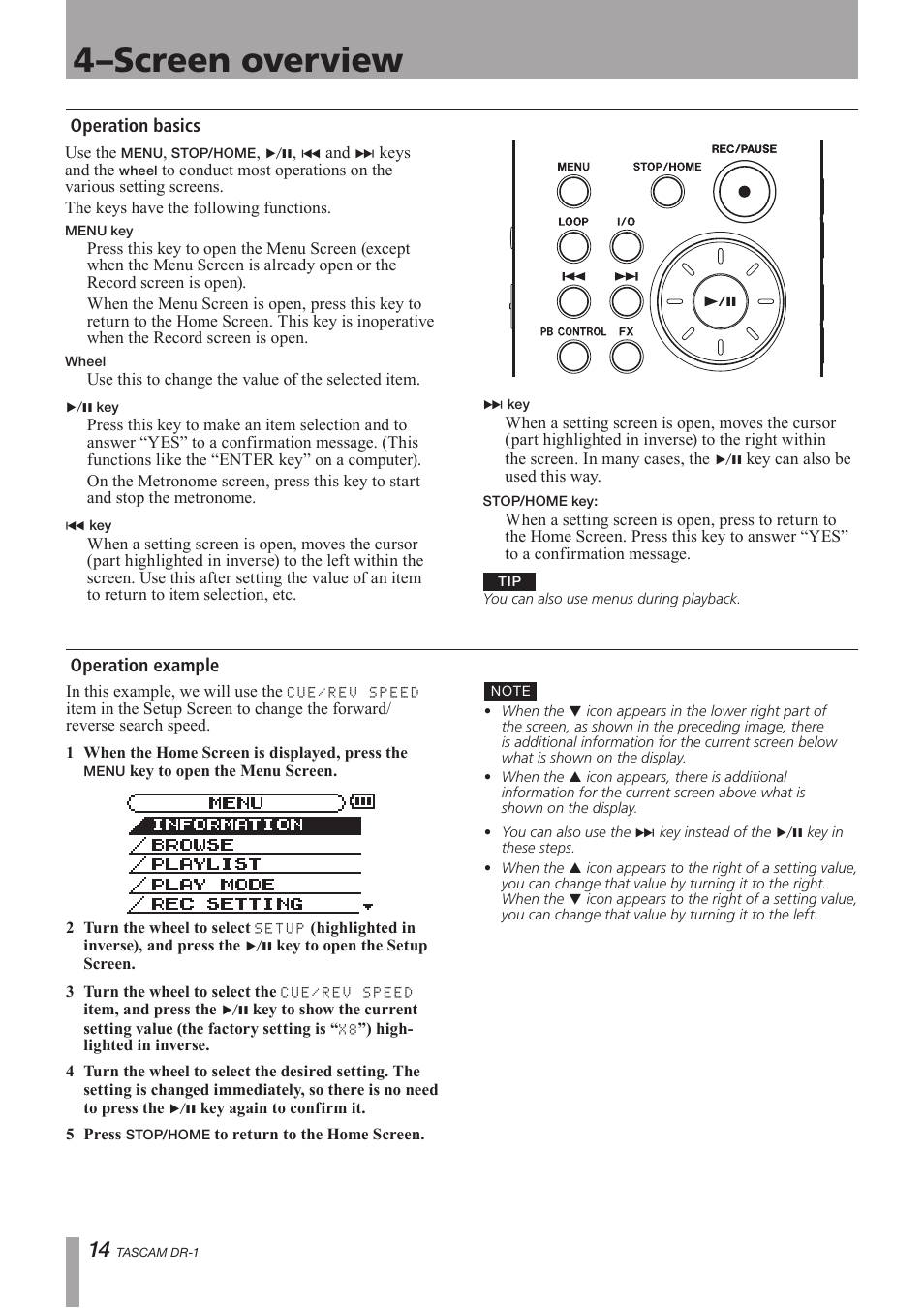 Operation basics, Operation example, 4–screen overview | Teac DR-1 User Manual | Page 14 / 43