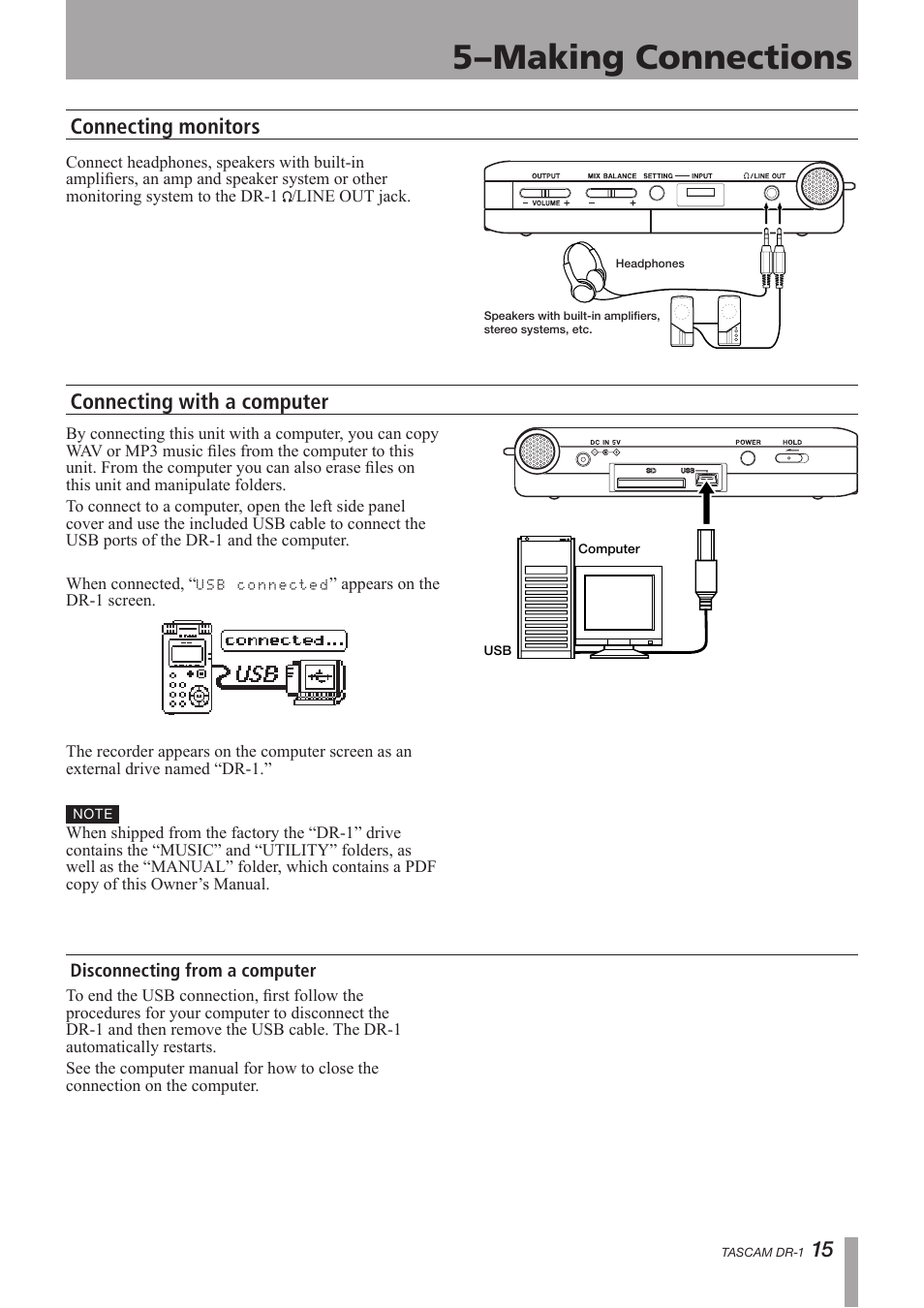 Making connections, Connecting monitors, Connecting with a computer | Disconnecting from a computer, 5–making connections, 15 connecting monitors connecting with a computer | Teac DR-1 User Manual | Page 15 / 43