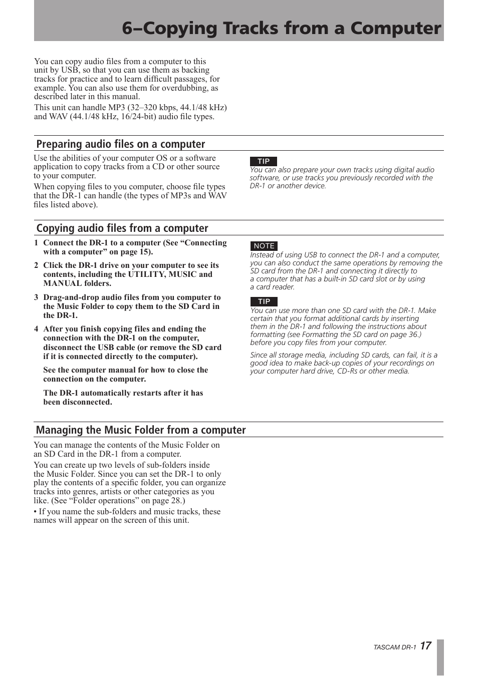 Copying tracks from a computer, Preparing audio files on a computer, Copying audio files from a computer | Managing the music folder from a computer, 6–copying tracks from a computer | Teac DR-1 User Manual | Page 17 / 43