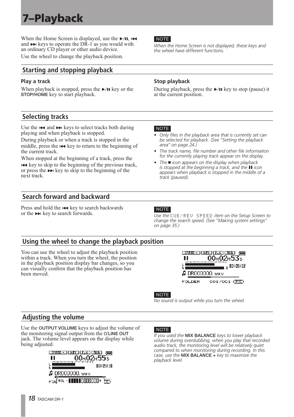 Playback, Starting and stopping playback, Selecting tracks | Search forward and backward, Using the wheel to change the playback position, Adjusting the volume, 7–playback | Teac DR-1 User Manual | Page 18 / 43