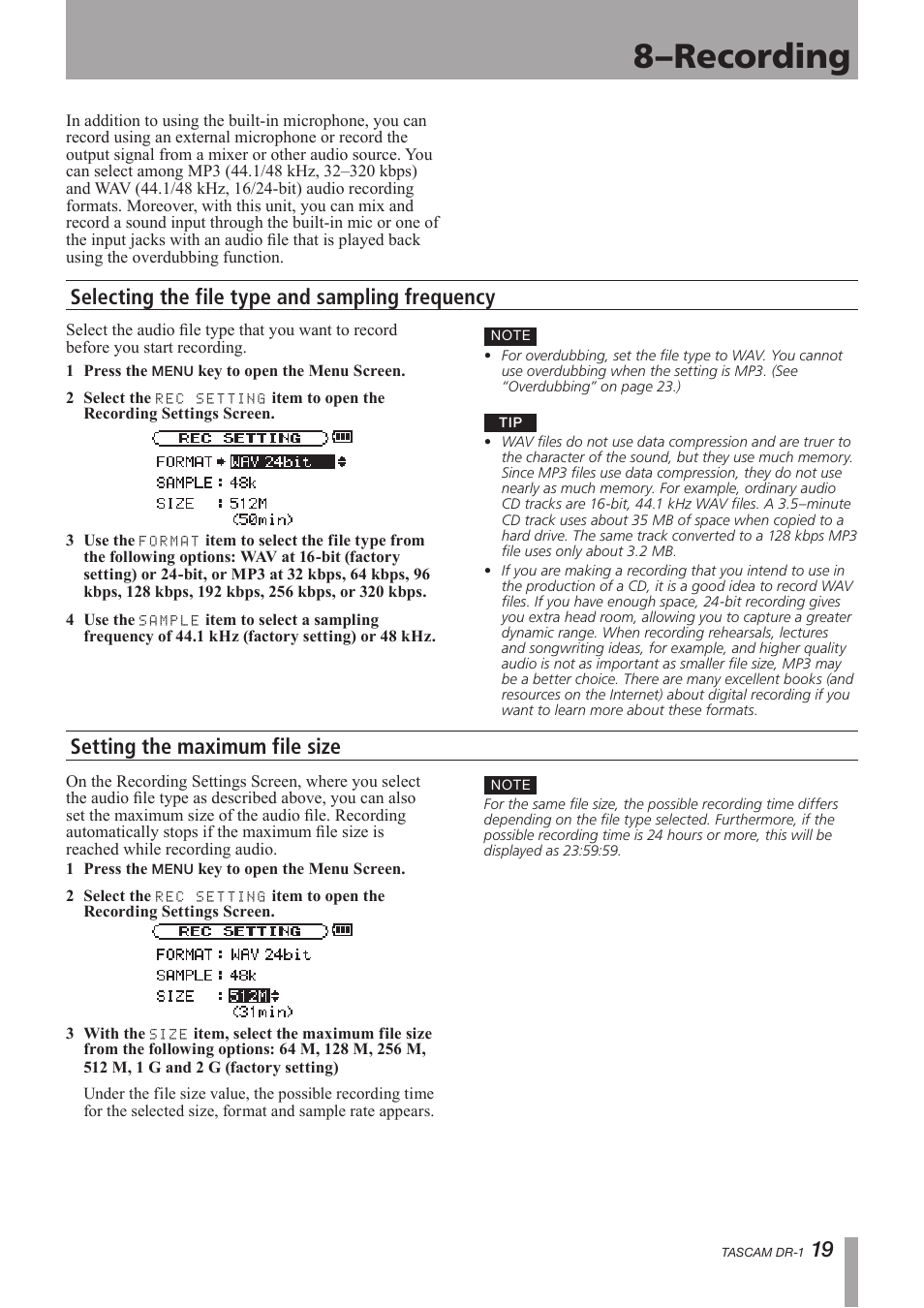 Recording, Selecting the file type and sampling frequency, Setting the maximum file size | 8–recording | Teac DR-1 User Manual | Page 19 / 43