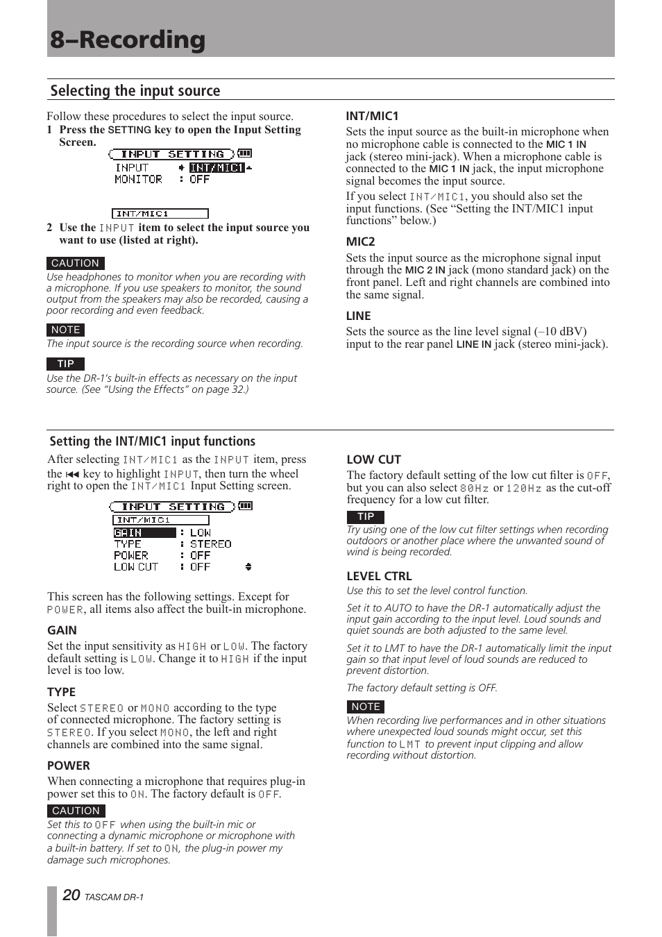 Selecting the input source, Setting the int/mic1 input functions, 8–recording | Teac DR-1 User Manual | Page 20 / 43