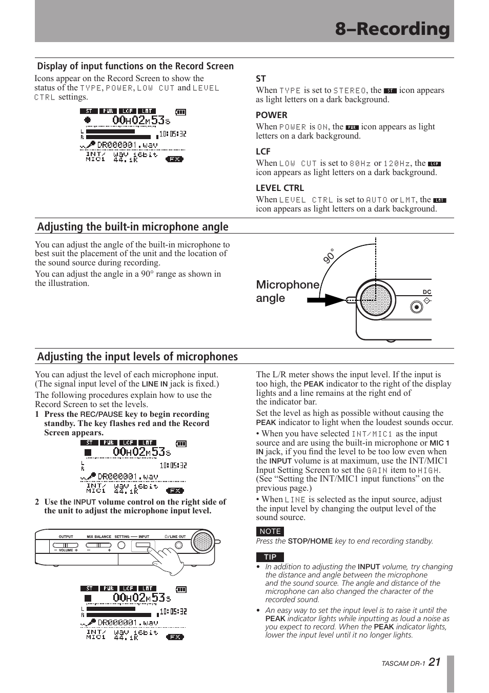 Display of input functions on the record screen, Adjusting the built-in microphone angle, Adjusting the input levels of microphones | 8–recording, Microphone angle | Teac DR-1 User Manual | Page 21 / 43