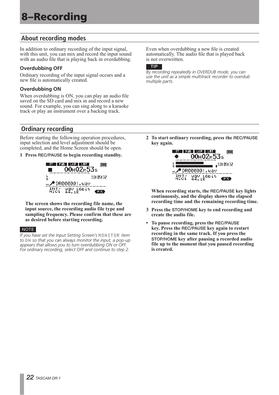 About recording modes, Ordinary recording, 8–recording | About recording modes ordinary recording | Teac DR-1 User Manual | Page 22 / 43