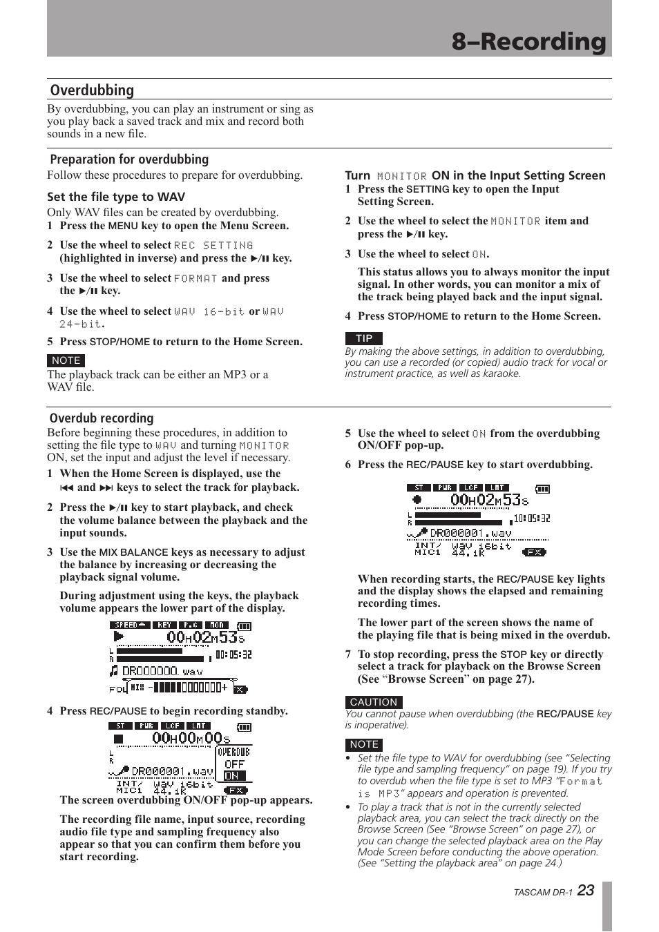 Overdubbing, Preparation for overdubbing, Overdub recording | 8–recording, 23 overdubbing | Teac DR-1 User Manual | Page 23 / 43