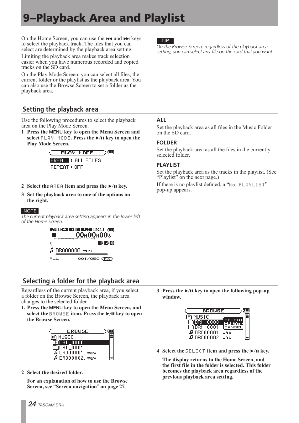 Playback area and playlist, Setting the playback area, Selecting a folder for the playback area | 9–playback area and playlist | Teac DR-1 User Manual | Page 24 / 43