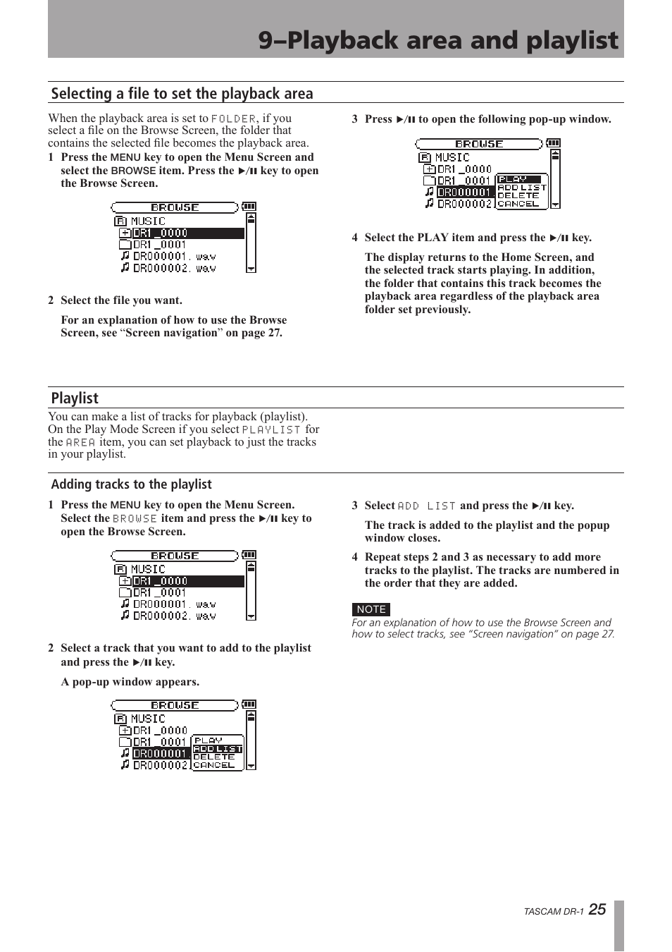 Selecting a file to set the playback area, Playlist, Adding tracks to the playlist | 9–playback area and playlist, Selecting a file to set the playback area playlist | Teac DR-1 User Manual | Page 25 / 43