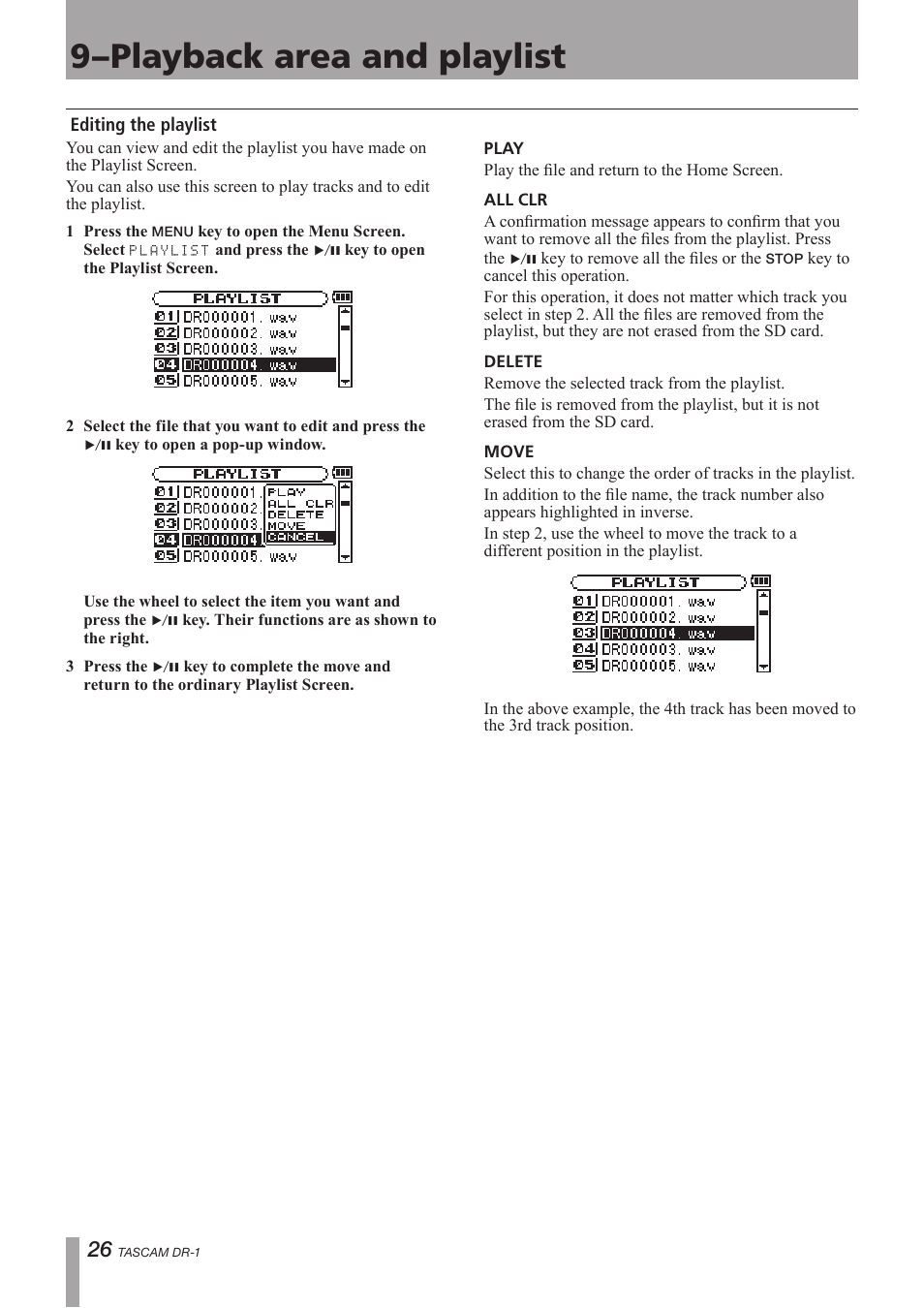 Editing the playlist, 9–playback area and playlist | Teac DR-1 User Manual | Page 26 / 43