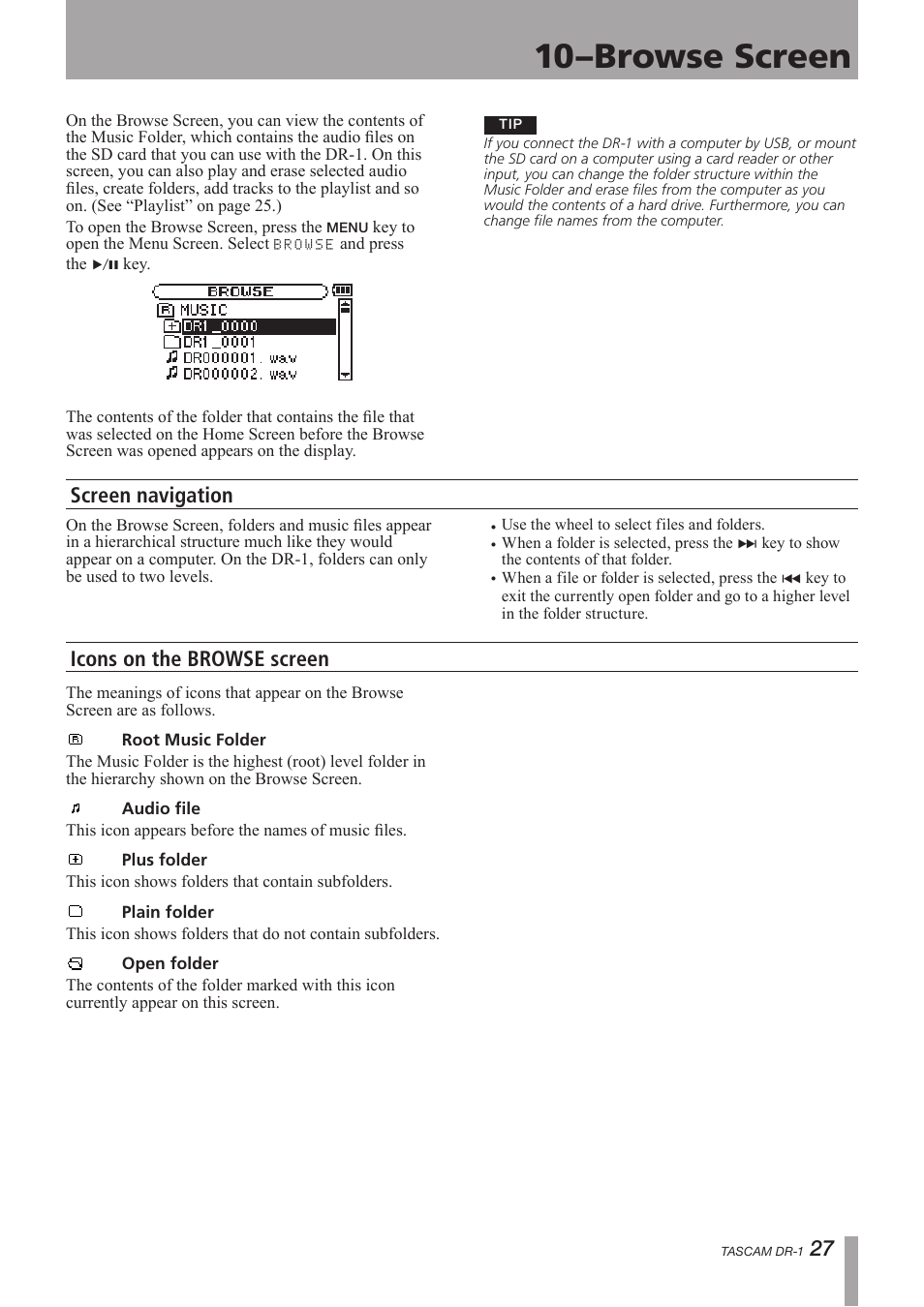 Browse screen, Screen navigation, Icons on the browse screen | 10–browse screen, 27 screen navigation icons on the browse screen | Teac DR-1 User Manual | Page 27 / 43