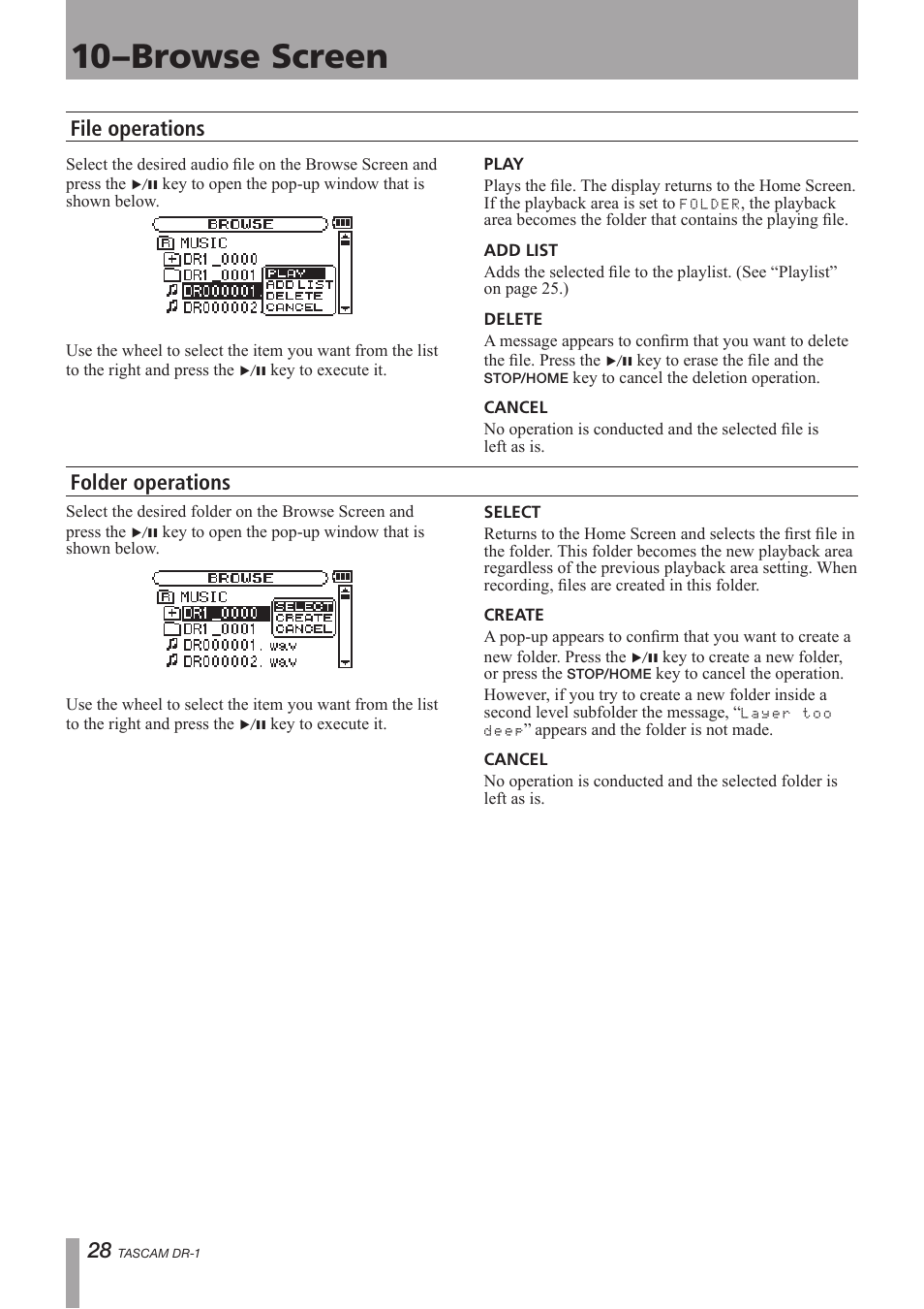 File operations, Folder operations, 10–browse screen | File operations folder operations | Teac DR-1 User Manual | Page 28 / 43