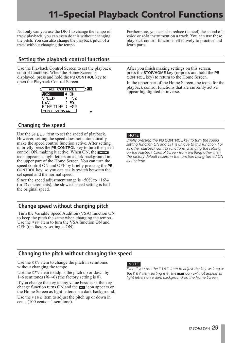 Special playback control functions, Setting the playback control functions, Changing the speed | Change speed without changing pitch, Changing the pitch without changing the speed, 11–special playback control functions | Teac DR-1 User Manual | Page 29 / 43