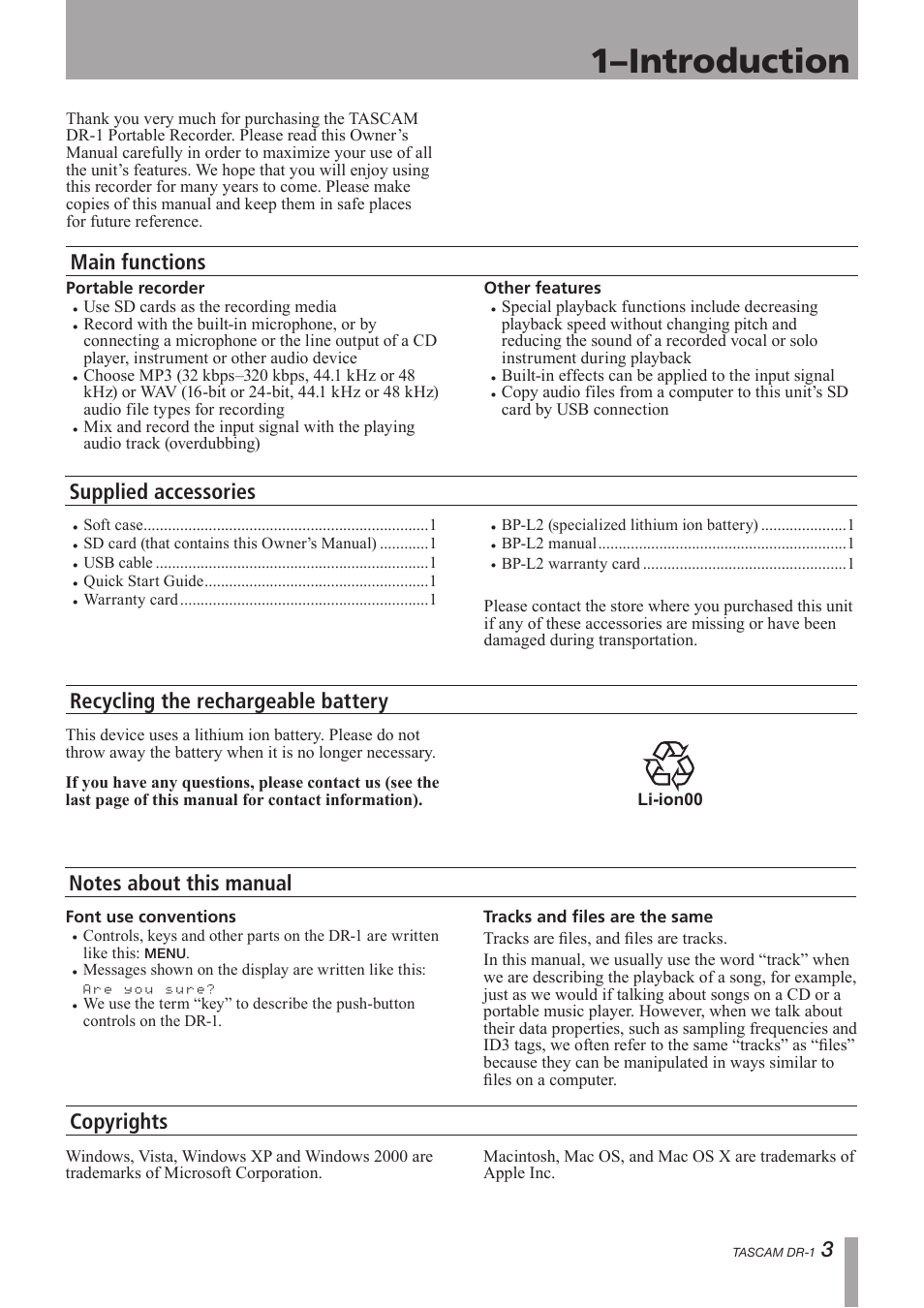 Introduction, Main functions, Supplied accessories | Recycling the rechargeable battery, Notes about this manual, Copyrights, 1–introduction | Teac DR-1 User Manual | Page 3 / 43