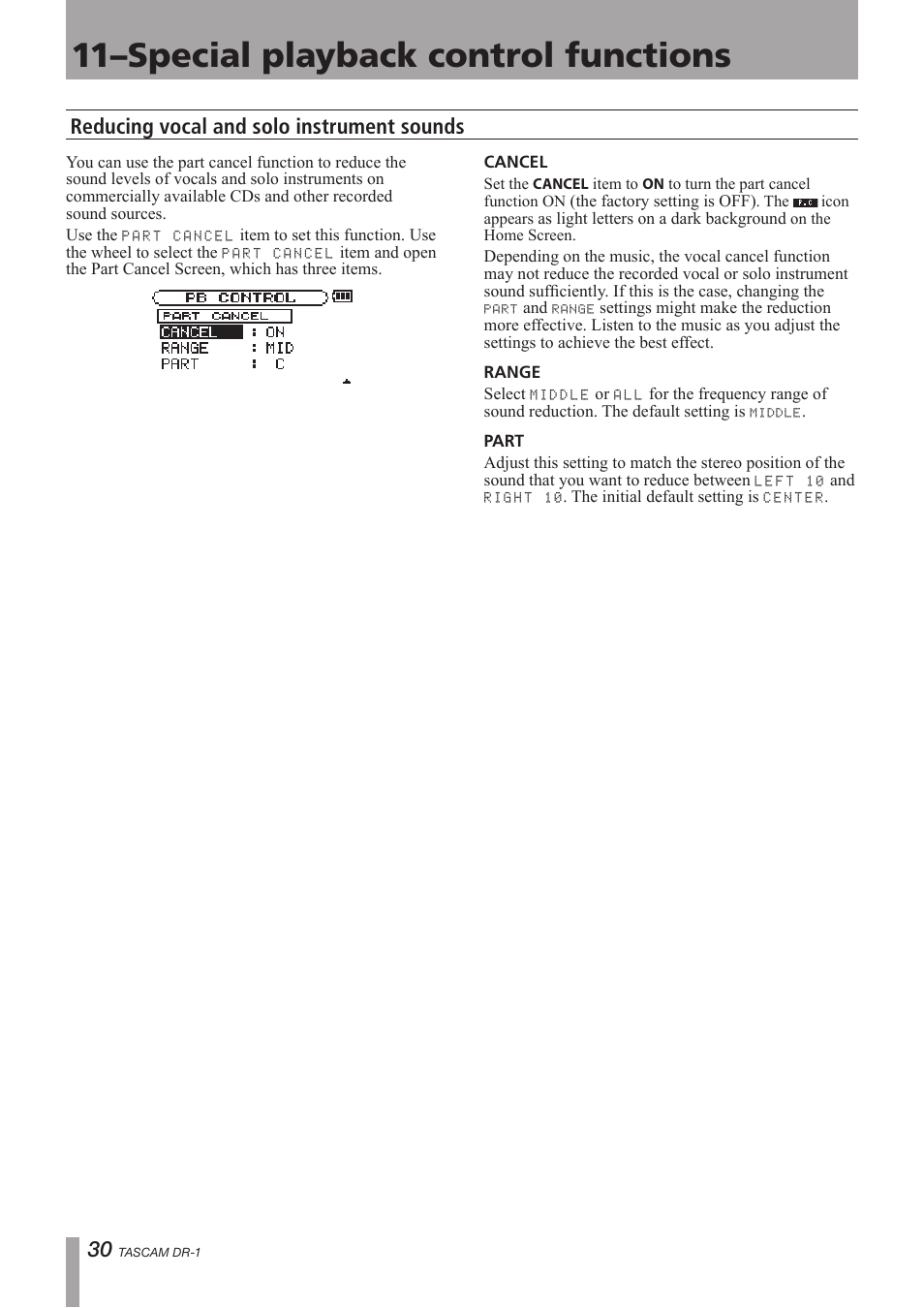 Reducing vocal and solo instrument sounds, 11–special playback control functions | Teac DR-1 User Manual | Page 30 / 43